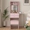 Small Vanity Desk Set with 3 Adjustable Lighted Mirrors and Lights, Pink Makeup Vanities Set for Compact Space with Storage Stool White Dressing Table with Fold-up Panel for Bedroom